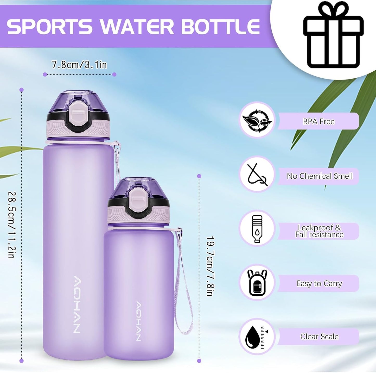 AOHAN Waterfles van 1 liter met lekvrije klapdeksel, BPA - vrije sportdrinkfles met rietje, vaatwasmachinebestendig, niet - giftige waterfles met draagriem - NLMAX