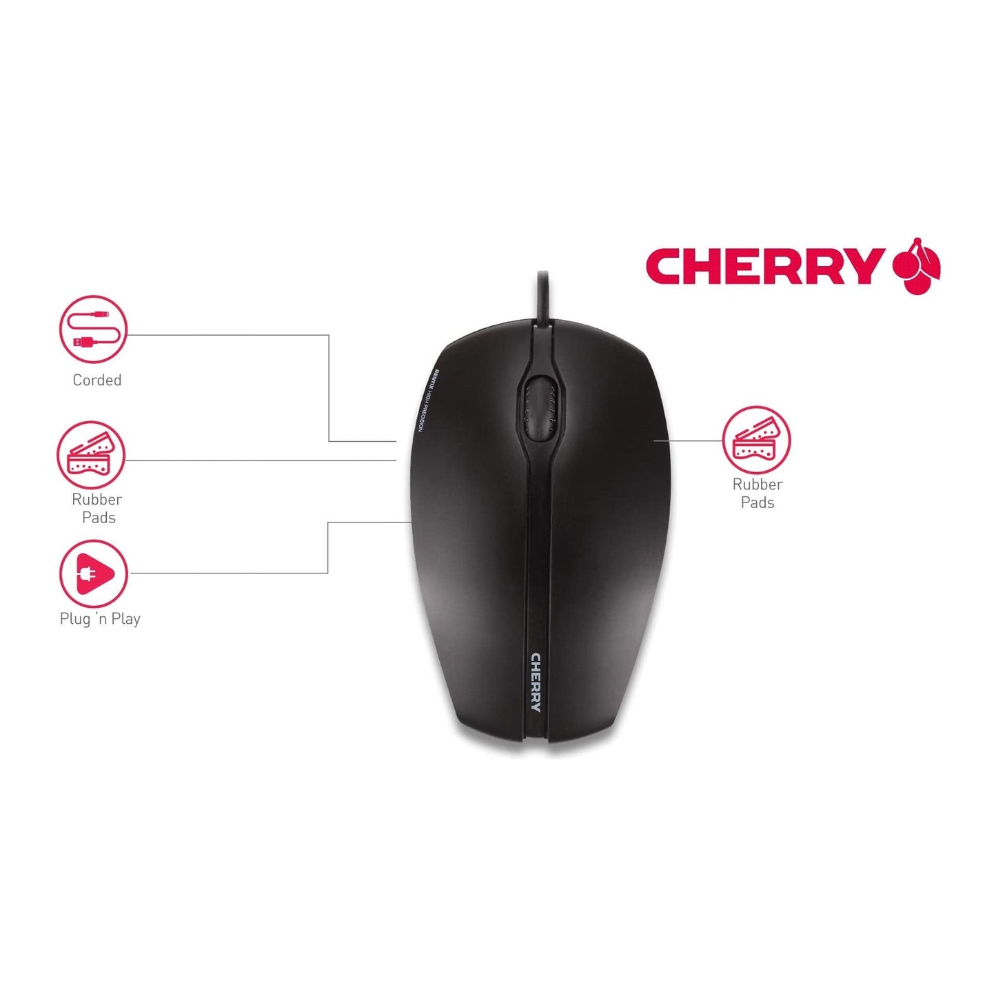CHERRY GENTIX Kabelgebonden optische muis, bedrade muis met 3 knoppen en hoge resolutie optische 1000 dpi sensor, geschikt voor rechts- en linkshandige gebruikers, rubberen zijkanten, zwart - NLMAX