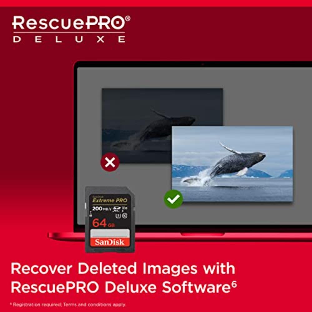 SanDisk Extreme PRO SDXC UHS-I Card 64GB (4K UHD, Read Speeds Up to 200 MB/s, Class 10, UHS-I, U3, V30, 2 Years RescruePRO Deluxe Software, Limited Lifetime Warranty) Black
