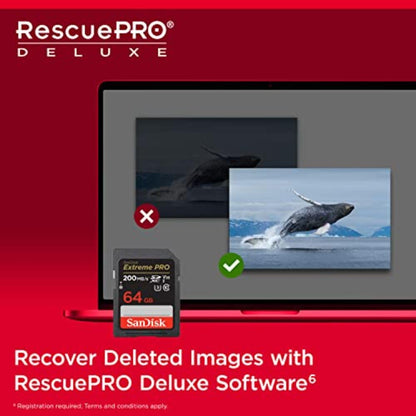 SanDisk Extreme PRO SDXC UHS-I Card 64GB (4K UHD, Read Speeds Up to 200 MB/s, Class 10, UHS-I, U3, V30, 2 Years RescruePRO Deluxe Software, Limited Lifetime Warranty) Black
