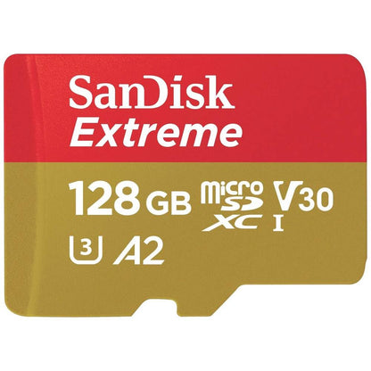 SanDisk Extreme MicroSD-Kaart Voor Actiecameras En Drones Met Adapter 128 GB (1 Jaar RescuePRO Deluxe, Leessnelheden Tot 190 MB/s, A2, C10, V30, U3, 30 Jaar Garantie) Rood/Goud