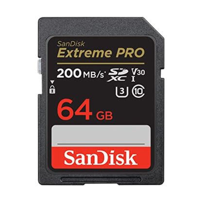 SanDisk Extreme PRO SDXC UHS-I Card 64GB (4K UHD, Read Speeds Up to 200 MB/s, Class 10, UHS-I, U3, V30, 2 Years RescruePRO Deluxe Software, Limited Lifetime Warranty) Black