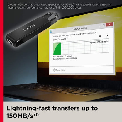 SanDisk Ultra USB Type-C Flash Drive 128GB (For USB Type-C Computers, Smartphones And Tablets, Read Speeds Up To 150MB/s, SanDisk SecureAccess Software, RescuePRO Deluxe Software, Back-Up Function)