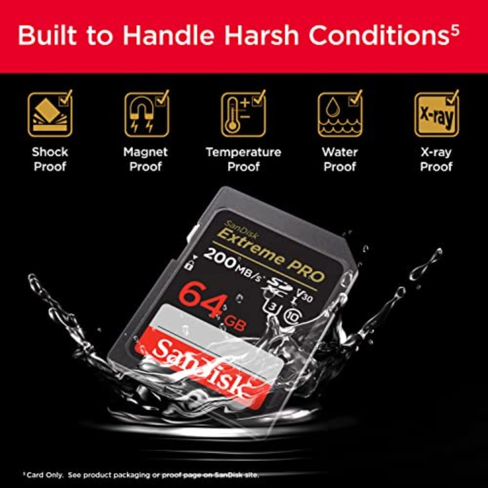 SanDisk Extreme PRO SDXC UHS-I Card 64GB (4K UHD, Read Speeds Up to 200 MB/s, Class 10, UHS-I, U3, V30, 2 Years RescruePRO Deluxe Software, Limited Lifetime Warranty) Black
