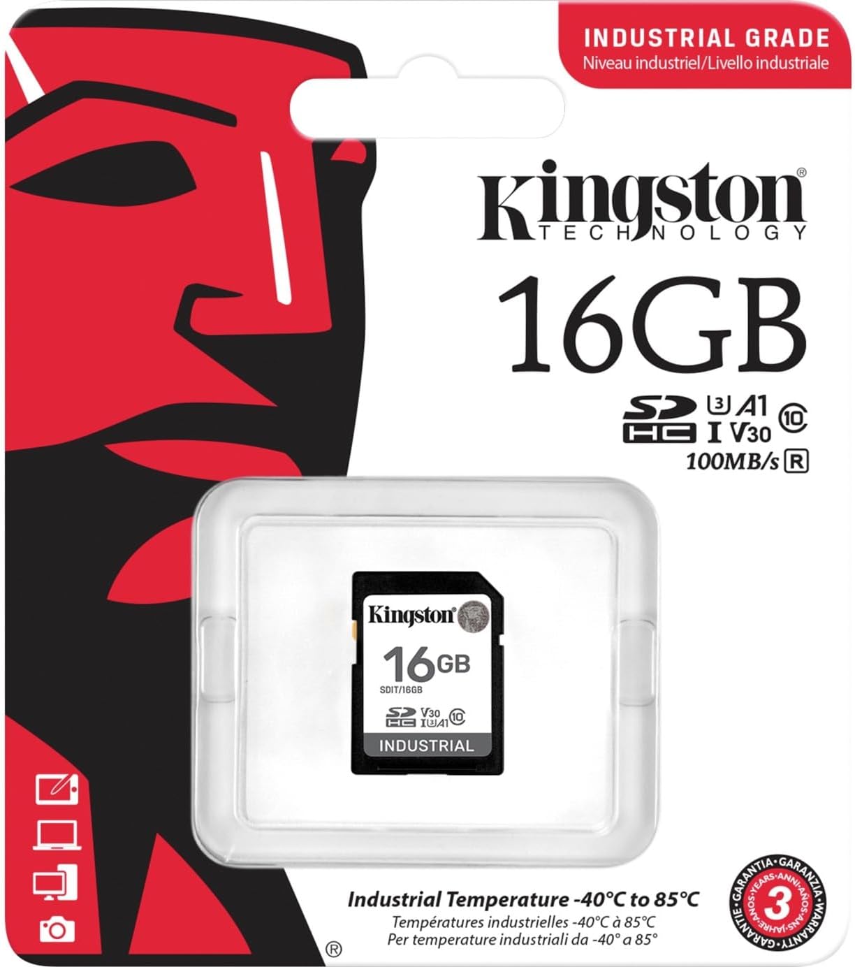 Kingston Industriële SD-kaart, tot 100 MB/s, hoog uithoudingsvermogen, UHS-I U3 V30 A1, (SDIT/16GB)