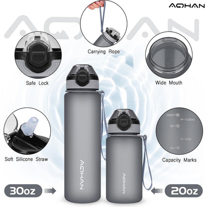 AOHAN 600 ml waterfles met lekvrije klapdeksel, BPA-vrije sportdrinkfles met rietje, vaatwasmachinebestendig, niet-giftige waterfles met draagriem