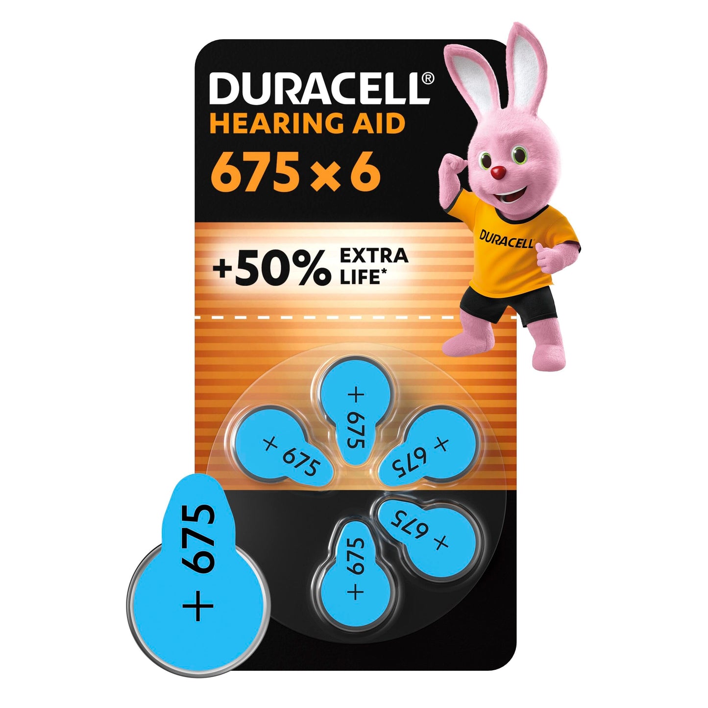 Duracell-batterijen voor gehoorapparaten maat 675 (6 stuks) tot 50% extra levensduur, eenvoudig te gebruiken, 100% recyclebare verpakking