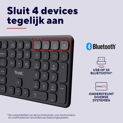Trust Vaiya Wireless Keyboard Bluetooth + 2.4GHz QWERTY US Layout, Multi-Device Bluetooth Keyboard with Rechargeable Battery, 55% Recycled Material, Windows iOS iPadOS macOS Android, Black