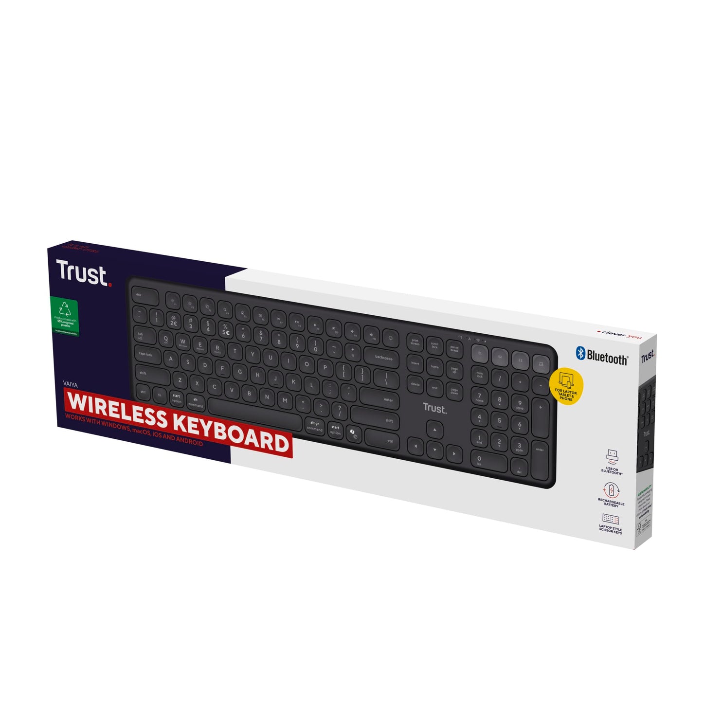 Trust Vaiya Wireless Keyboard Bluetooth + 2.4GHz QWERTY US Layout, Multi-Device Bluetooth Keyboard with Rechargeable Battery, 55% Recycled Material, Windows iOS iPadOS macOS Android, Black