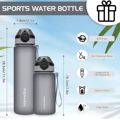 AOHAN 600 ml waterfles met lekvrije klapdeksel, BPA-vrije sportdrinkfles met rietje, vaatwasmachinebestendig, niet-giftige waterfles met draagriem