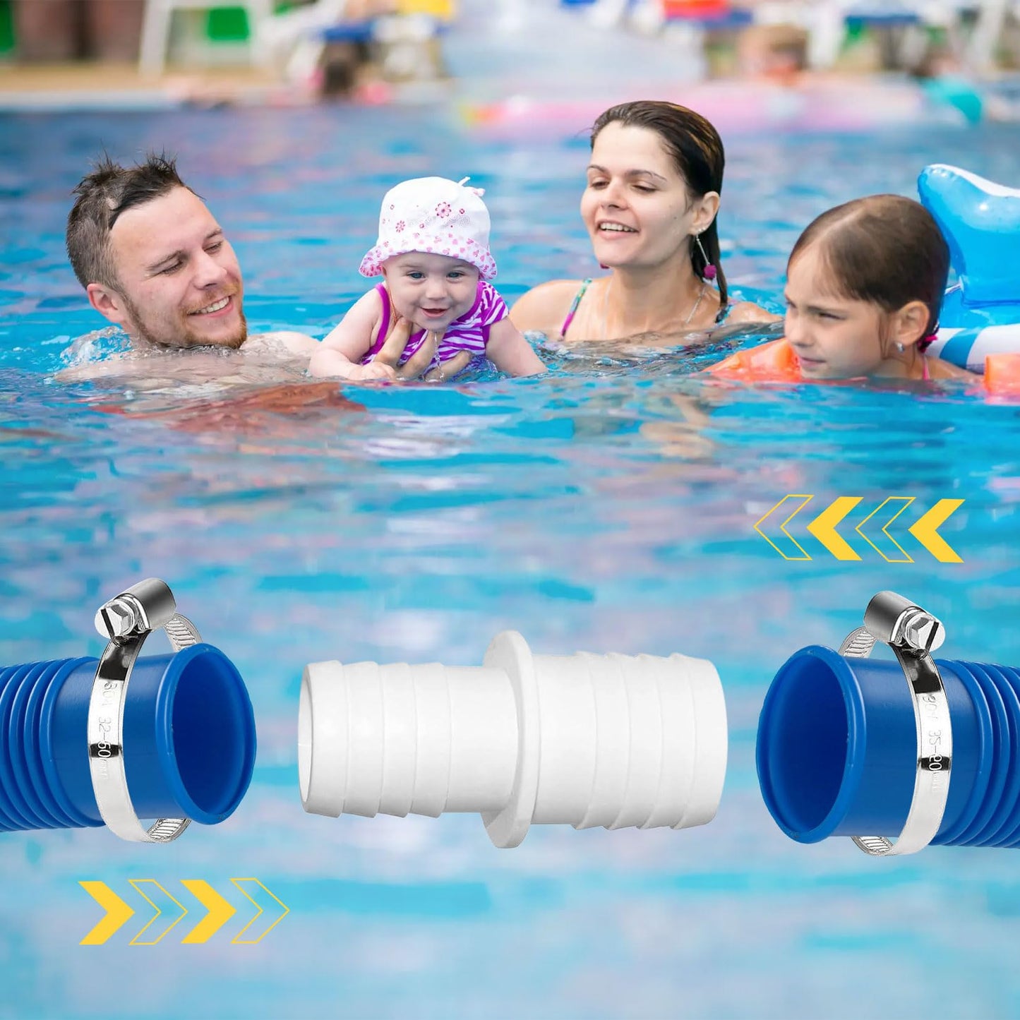 4pcs Pool Hose Connectors, 32mm to 32mm, Pool Hose Connector, Pool Hose Adapter with 4 Stainless Steel Hose Clamps