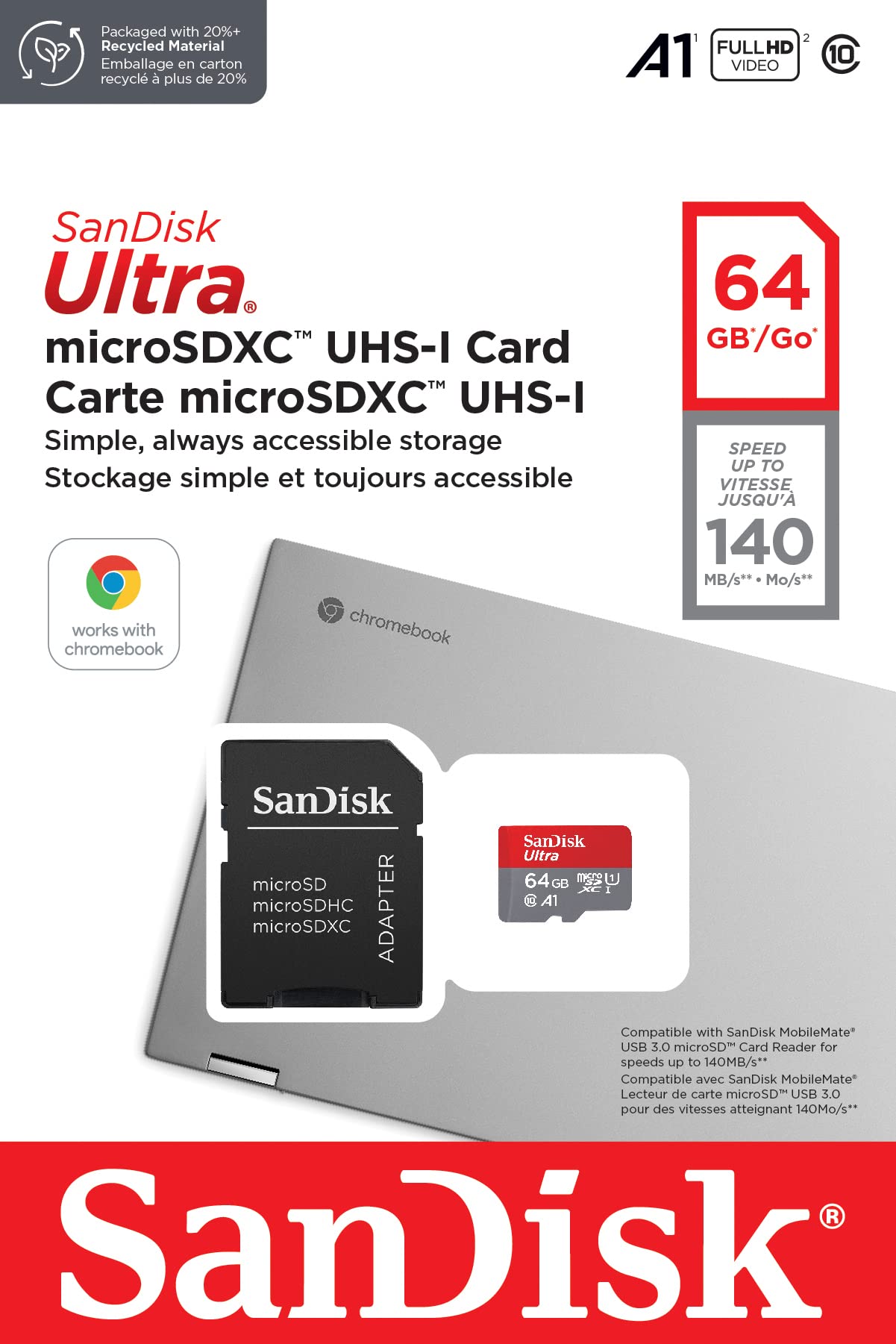 SanDisk Ultra MicroSDXC For Chromebook UHS-I Card 64GB + SD Adapter (For Smartphones And Tablets, A1, Class 10, U1, Full HD Videos, Up to 140MB/s Read Speed, 10-Year Limited Warranty)