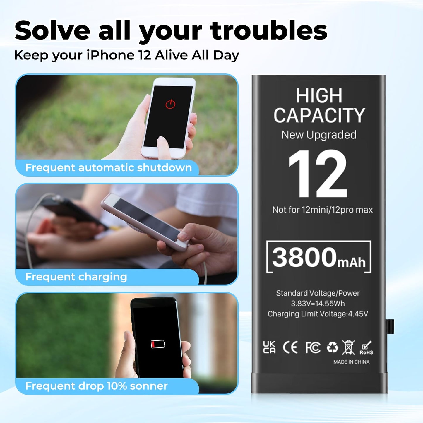 Battery for iPhone 12/12 Pro, 3800 mAh - New Replacement Battery (0 Cycle) for iPhone 12/12 Pro with Complete Repair Kit, Models A2172, A2402, A2403