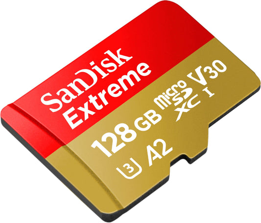 SanDisk Extreme MicroSD-Kaart Voor Actiecameras En Drones Met Adapter 128 GB (1 Jaar RescuePRO Deluxe, Leessnelheden Tot 190 MB/s, A2, C10, V30, U3, 30 Jaar Garantie) Rood/Goud