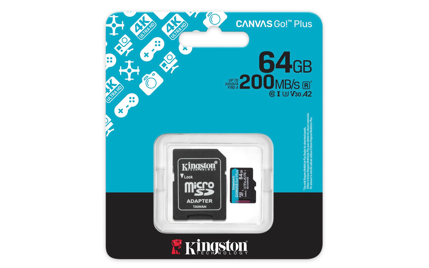 Kingston Canvas Go Plus microSDXC Geheugenkaart Gen4 200MB/s A2 U3 V30 64GB Kaart + Adapter-SDCG4/64GB