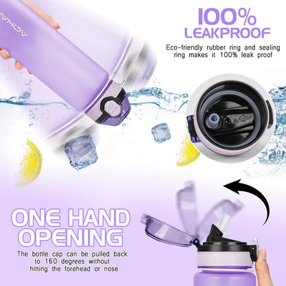 AOHAN 600ml Water Bottle with Leak-Proof Flip Lid, BPA Free Sports Drinking Bottle with Straw, Dishwasher Safe, Non-Toxic Water Bottle with Carry Strap