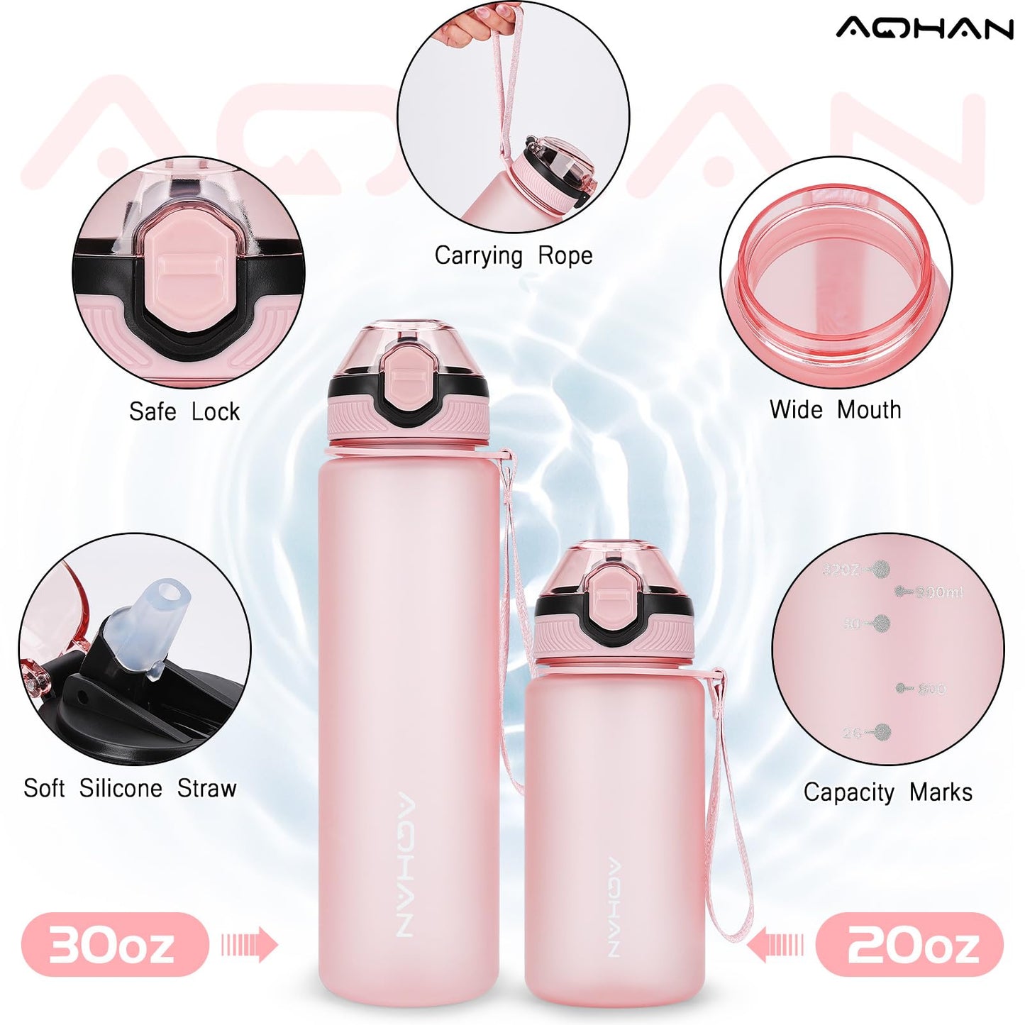 AOHAN 600ml Water Bottle with Leak-Proof Flip Lid, BPA Free Sports Drinking Bottle with Straw, Dishwasher Safe, Non-Toxic Water Bottle with Carry Strap