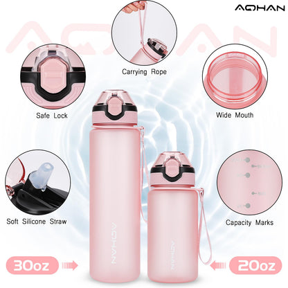 AOHAN 600ml Water Bottle with Leak-Proof Flip Lid, BPA Free Sports Drinking Bottle with Straw, Dishwasher Safe, Non-Toxic Water Bottle with Carry Strap