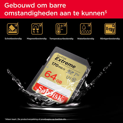 SanDisk Extreme 64 GB SDXC UHS‐I‐Kaart (RescuePRO Deluxe Software, Leessnelheden Tot 170 MB/s, 4K UHD, Class 10, UHS-I, U3, V30) Goud