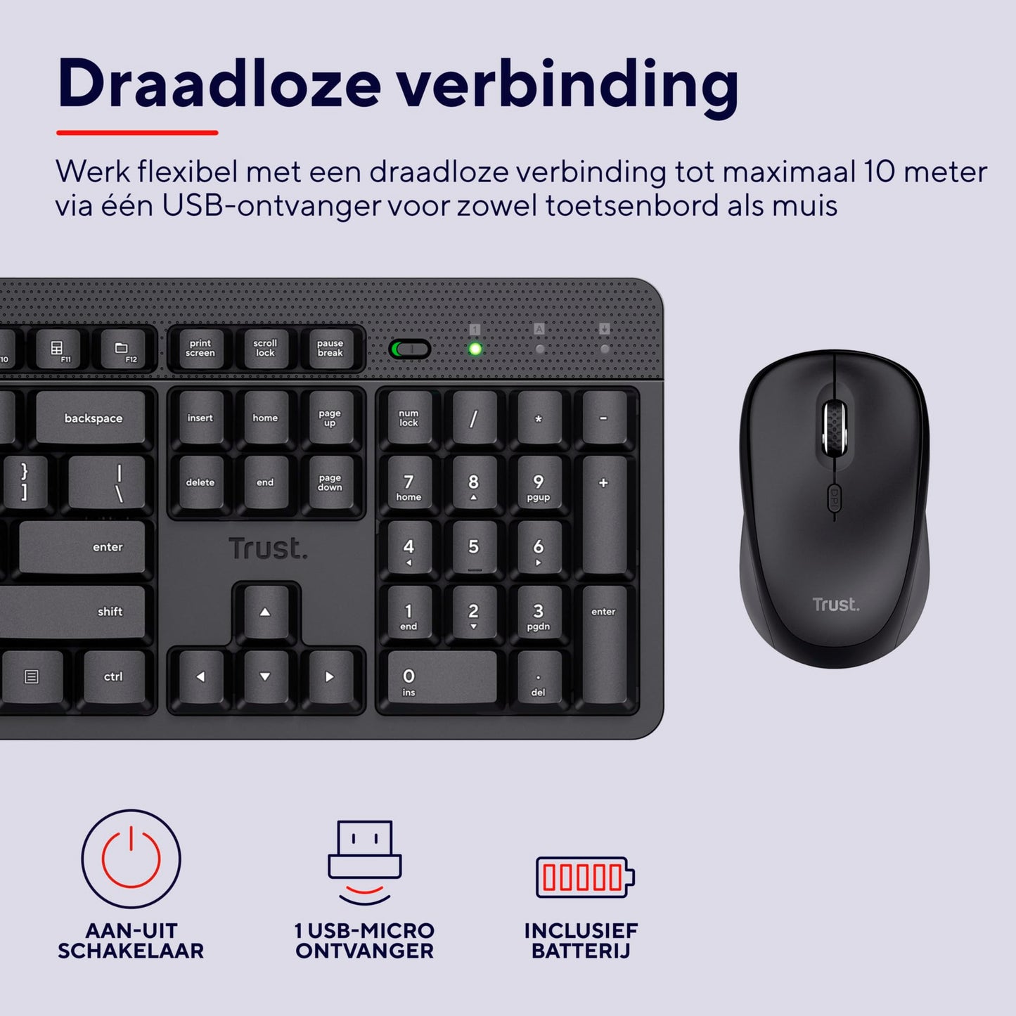Trust Ody II Wireless Keyboard and Mouse Set Dutch QWERTY Layout, Silent Keys and Mouse Buttons, Wireless Keyboard and Mouse, Spill Proof Keyboard for PC, Computer, Laptop, Mac - Black