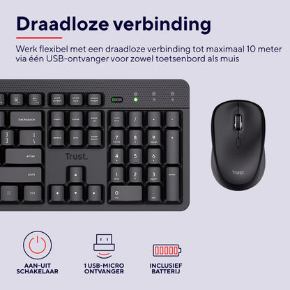 Trust Ody II Wireless Keyboard and Mouse Set Dutch QWERTY Layout, Silent Keys and Mouse Buttons, Wireless Keyboard and Mouse, Spill Proof Keyboard for PC, Computer, Laptop, Mac - Black
