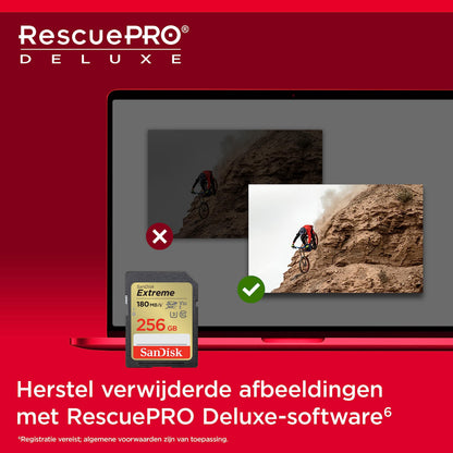 SanDisk Extreme 256 GB SDHC UHS‐I‐Kaart (RescuePRO Deluxe Software, Leessnelheden Tot 180 MB/s, 4K UHD, Class 10, UHS-I, U3, V30) Goud