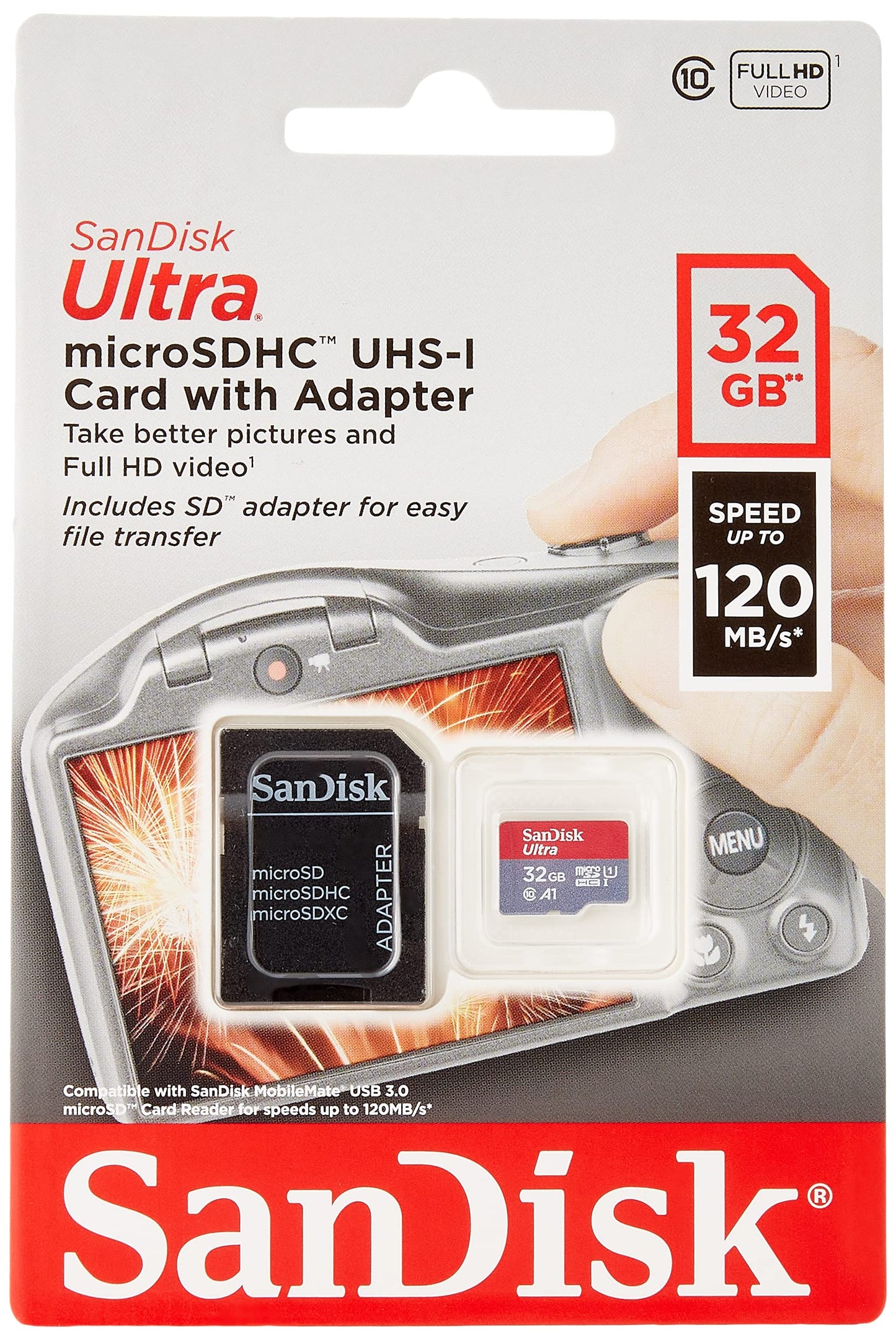 SanDisk Ultra 32GB microSDHC Memory Card + SD Adapter with A1 App Performance Up to 120MB/s, Class 10, UHS-I