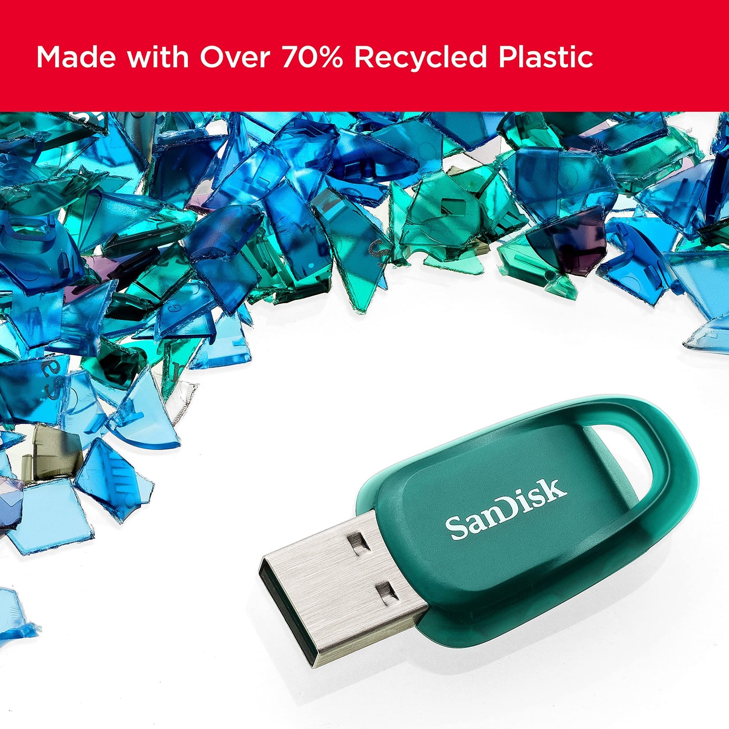 SanDisk Ultra Eco USB 3.2 Flash Drive 64GB (RescuePRO Deluxe, Speeds Up to 100MB/s, Made With Over 70% Recycled Plastic, Key Ring )