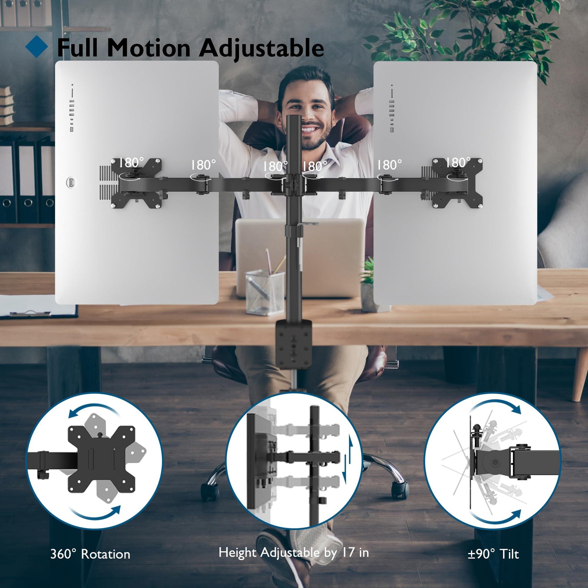 BONTEC Dubbele Monitorstandaard voor 13-27 inch Scherm, Monitor Arm 2 Schermen in hoogte Verstelbaar 430mm Kantelbaar ±90 ° Draaibaar 180 ° Draai 360 °, Tot 10 kg per Arm, VESA 75/100, Zwart - NLMAX