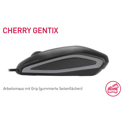 CHERRY GENTIX Kabelgebonden optische muis, bedrade muis met 3 knoppen en hoge resolutie optische 1000 dpi sensor, geschikt voor rechts- en linkshandige gebruikers, rubberen zijkanten, zwart - NLMAX
