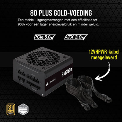 Corsair RM750e (2023) Volledig Modulaire ATX-Voeding Met Weinig Ruis - ATX 3.0 & PCIe 5.0 - Condensatoren Van 105°C - 80 PLUS Gold Efficiëntie - Moderne Stand-by Ondersteuning - Zwart - NLMAX