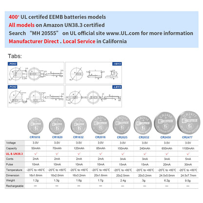 EEMB 100 PACK CR2032 Batterij 3V Lithium Batterij Button Coin Cell Battery 2032 Batterij DL2032 ECR2032 LM2032 voor Horloges Rekenmachines Medische Apparaten Computer Moederborden Sleutelhangers - NLMAX