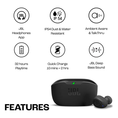 JBL JBLWBUDSBLK Wave Buds draadloze in ear oordopjes met IP54 en IPX2 waterdichtheid krachtige bas en batterijduur van 32 uur in zwart/wit/in blauw/beige/mint. Eén maat - NLMAX