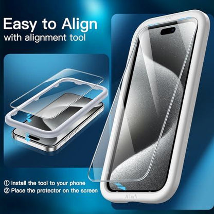 JETech Screen Protector voor iPhone 15 Pro 6,1-Inch, Volledige Dekking Gehard Glas Film Schermbeschermer met Eenvoudige Installatietool, Hoesje-Vriendelijk, HD Doorzichtig, 3-Stuks - NLMAX