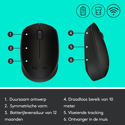 Logitech B170 Draadloze Muis, 2.4 GHz USB nano dongle, Optische Tracking, Batterijduur 12 maanden, Links-en Rechtshandig, PC / Mac / Laptop - Zwart - NLMAX
