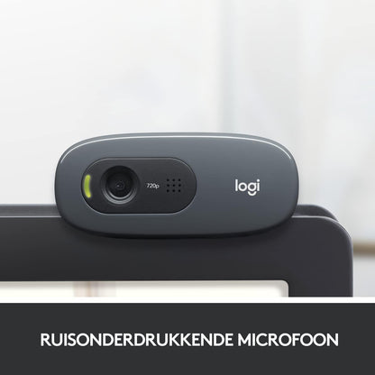 Logitech C270 HD Webcam, HD 720p/30fps, breedbeeld HD-video-oproep, HD lichtcorrectie, ruisonderdrukkende microfoon, voor Skype, FaceTime, Hangouts, WebEx, PC/Mac/Laptop/Macbook/Tablet - Grijs, 1 stuk - NLMAX