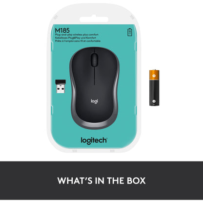 Logitech M185 draadloze muis, 2,4 GHz met USB-mini-ontvanger, batterijduur van 12 maanden, 1000 DPI optische tracking, tweehandig, compatibel met PC, Mac, laptop, grijs, 1 stuk - NLMAX