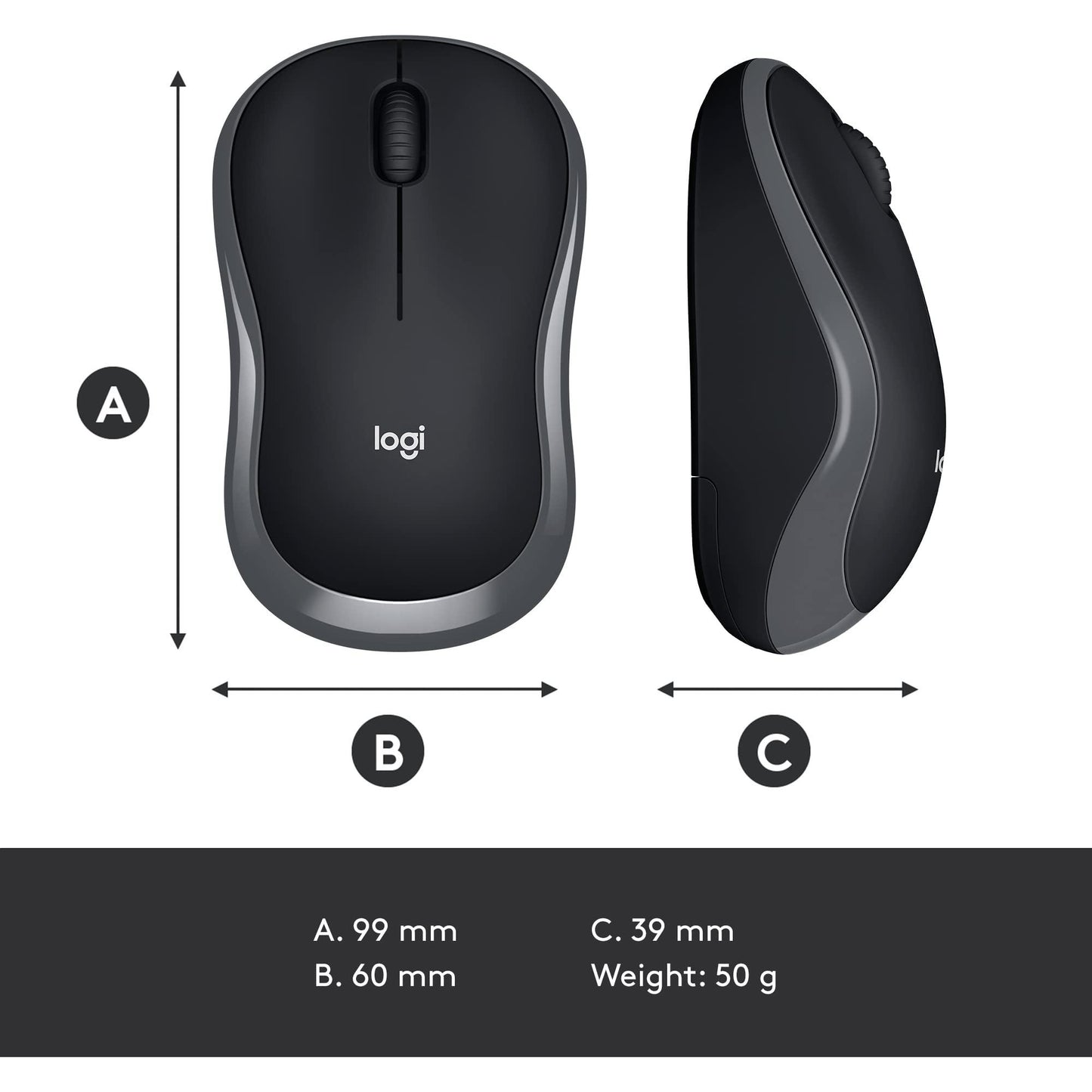 Logitech M185 draadloze muis, 2,4 GHz met USB-mini-ontvanger, batterijduur van 12 maanden, 1000 DPI optische tracking, tweehandig, compatibel met PC, Mac, laptop, grijs, 1 stuk - NLMAX