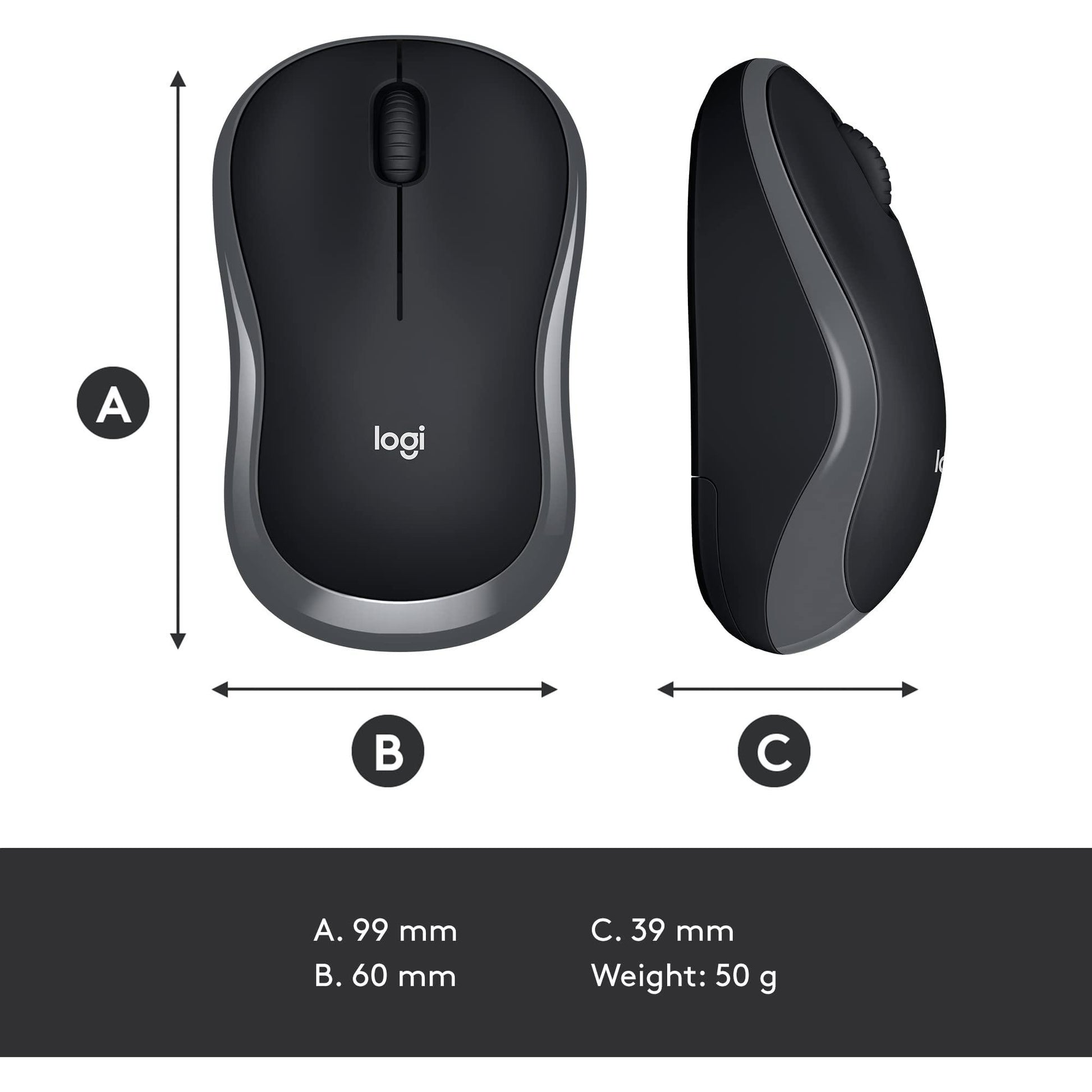 Logitech M185 draadloze muis, 2,4 GHz met USB-mini-ontvanger, batterijduur van 12 maanden, 1000 DPI optische tracking, tweehandig, compatibel met PC, Mac, laptop, grijs, 1 stuk - NLMAX