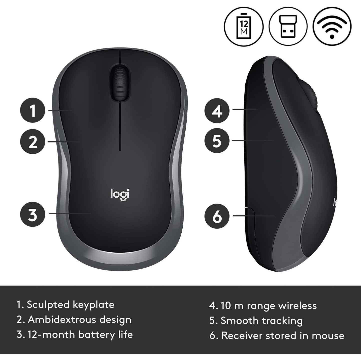 Logitech M185 draadloze muis, 2,4 GHz met USB-mini-ontvanger, batterijduur van 12 maanden, 1000 DPI optische tracking, tweehandig, compatibel met PC, Mac, laptop, grijs, 1 stuk - NLMAX