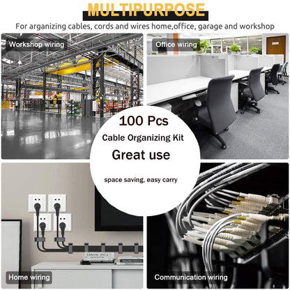 MiuCo 100 stuks kabelorganizers, Cable Management Kit met Kabelbinders Klittenband en Kabelclips Kabelhouders Zelfklevend, Kabelmanagement Set voor bureaus met cable holder en klittenband zelfklevend - NLMAX