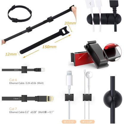 MiuCo 100 stuks kabelorganizers, Cable Management Kit met Kabelbinders Klittenband en Kabelclips Kabelhouders Zelfklevend, Kabelmanagement Set voor bureaus met cable holder en klittenband zelfklevend - NLMAX