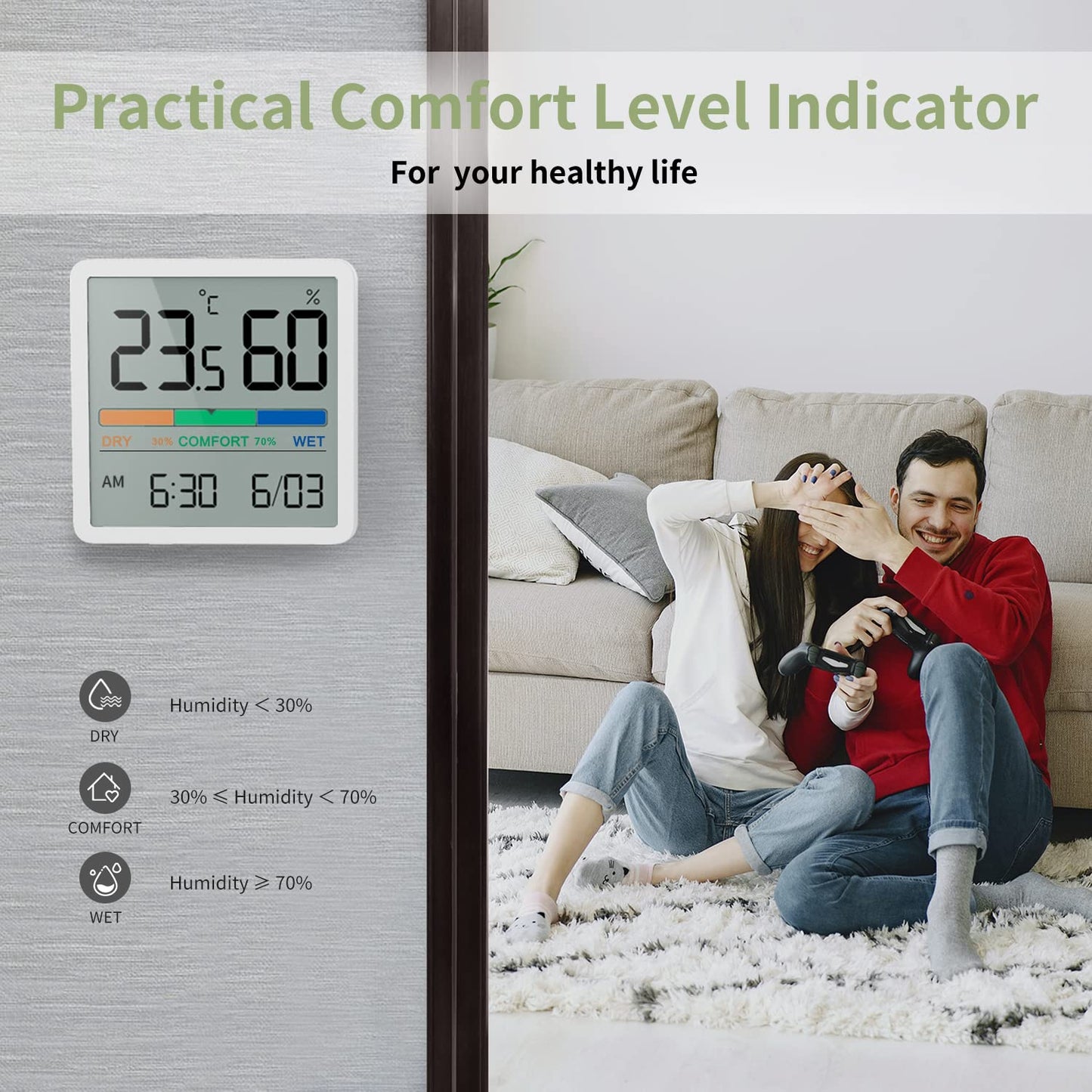 Noklead Digitale thermo-hygrometer, draagbare thermometer, hygrometer, voor binnen, met hoge nauwkeurigheid, temperatuur- en vochtigheidsmeter voor binnenklimaatbeheersing van ruimtes (Wit) - NLMAX