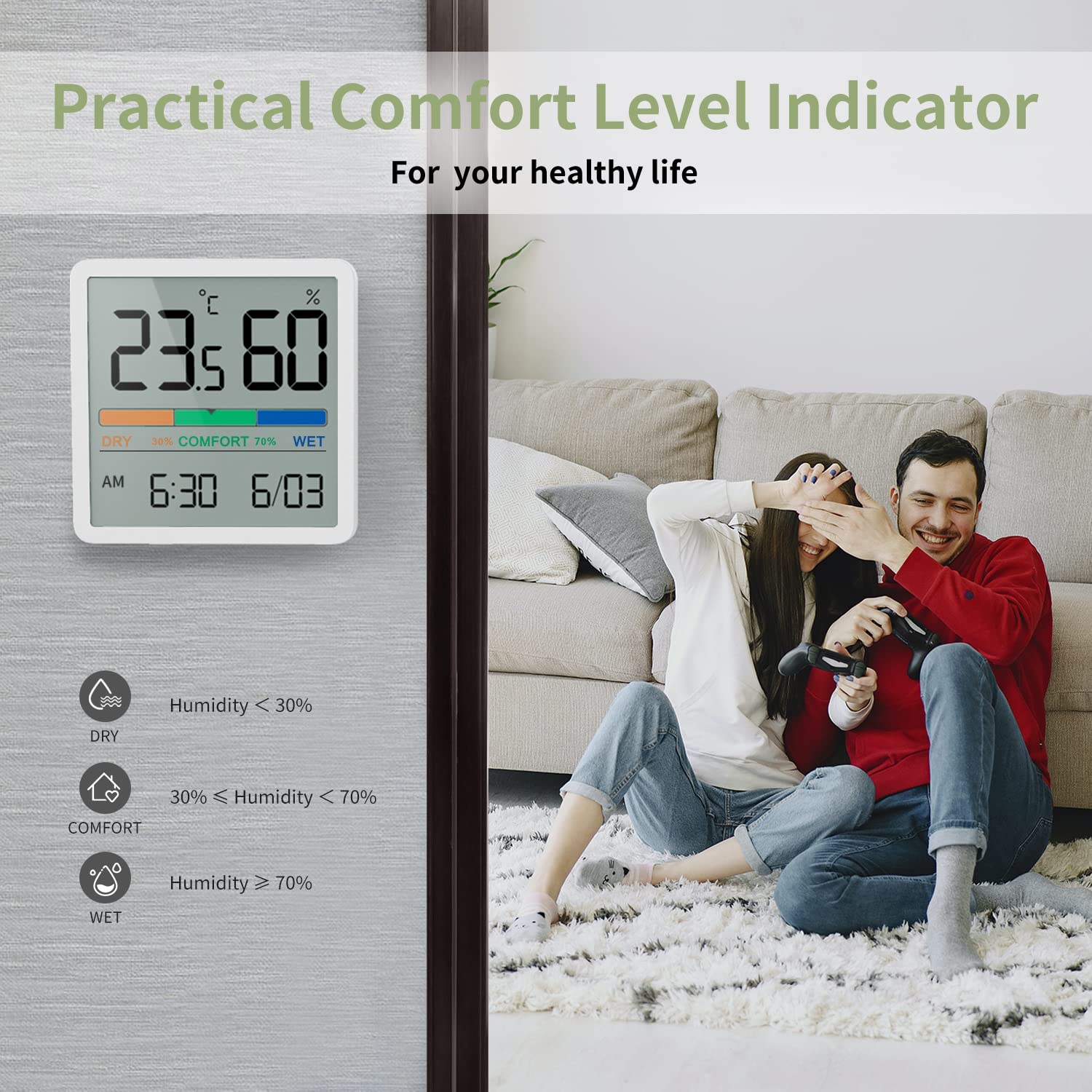 Noklead Digitale thermo-hygrometer, draagbare thermometer, hygrometer, voor binnen, met hoge nauwkeurigheid, temperatuur- en vochtigheidsmeter voor binnenklimaatbeheersing van ruimtes (Wit) - NLMAX