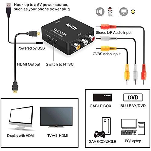 NUOE Video Converter RCA to HDMI, AV to HDMI, Supports 720 1080P for Camera, Xbox 360, PS1, PS2, WII, N64, Gamecube, Snes, NES, PSP, DVD Player, VHS (1) - NLMAX