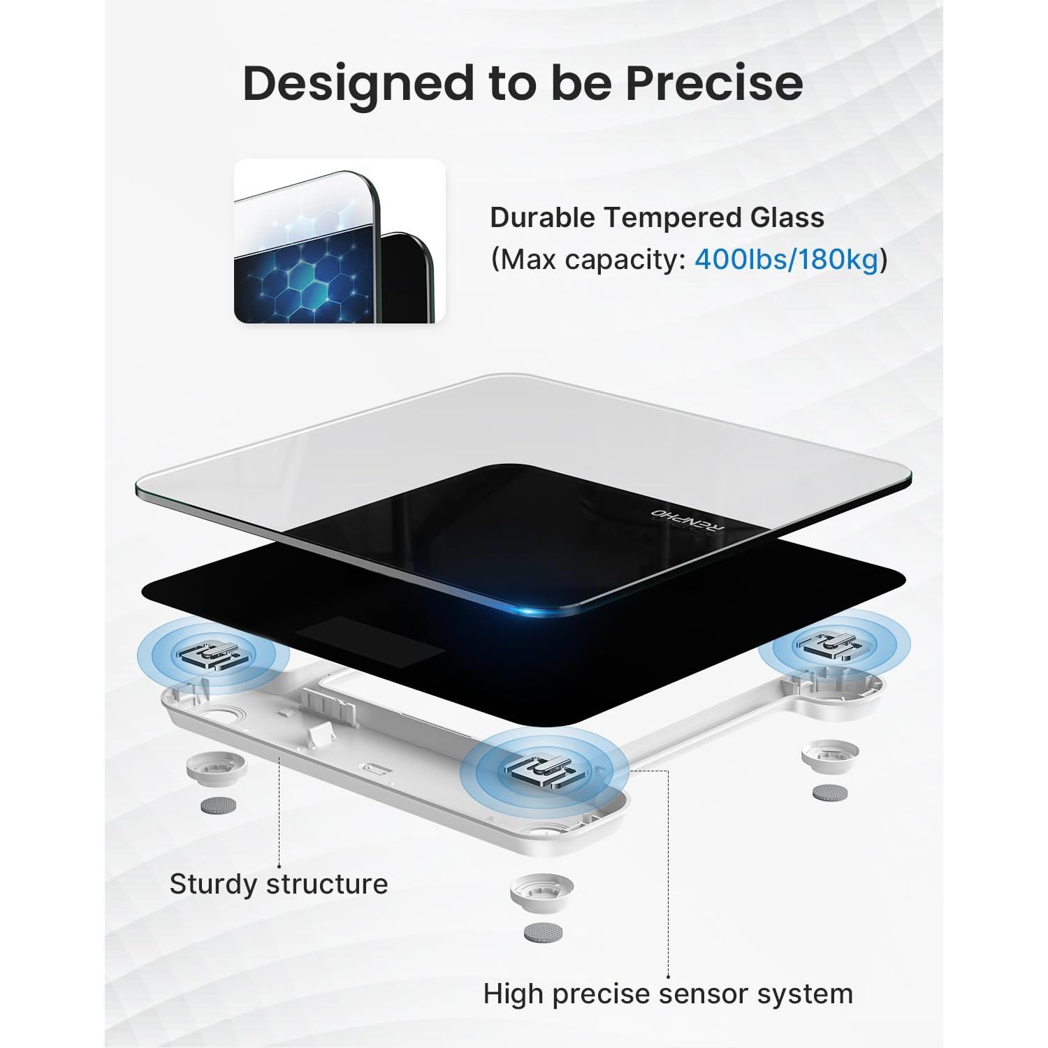 RENPHO Digitale Badkamerweegschaal Weegschaal met Hoge Precisie Voor Het Lichaam met Groot LED-Display, Step-On-Technologie, Capaciteit 180kg / 400lb, Zwart - NLMAX