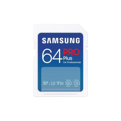 Samsung PRO Plus SD Memory Card, 64GB, UHS-I U3, Full HD & 4K UHD, 180MB/s Read, 130MB/s Write, for SLR Cameras and System Cameras, MB-SD64S/EU - NLMAX