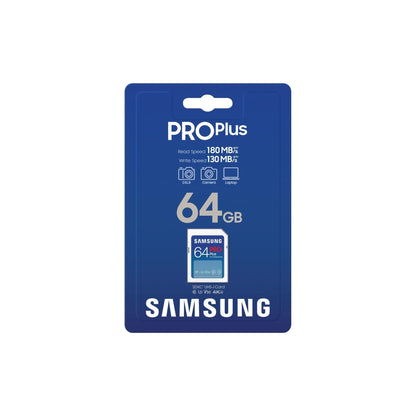 Samsung PRO Plus SD Memory Card, 64GB, UHS-I U3, Full HD & 4K UHD, 180MB/s Read, 130MB/s Write, for SLR Cameras and System Cameras, MB-SD64S/EU - NLMAX