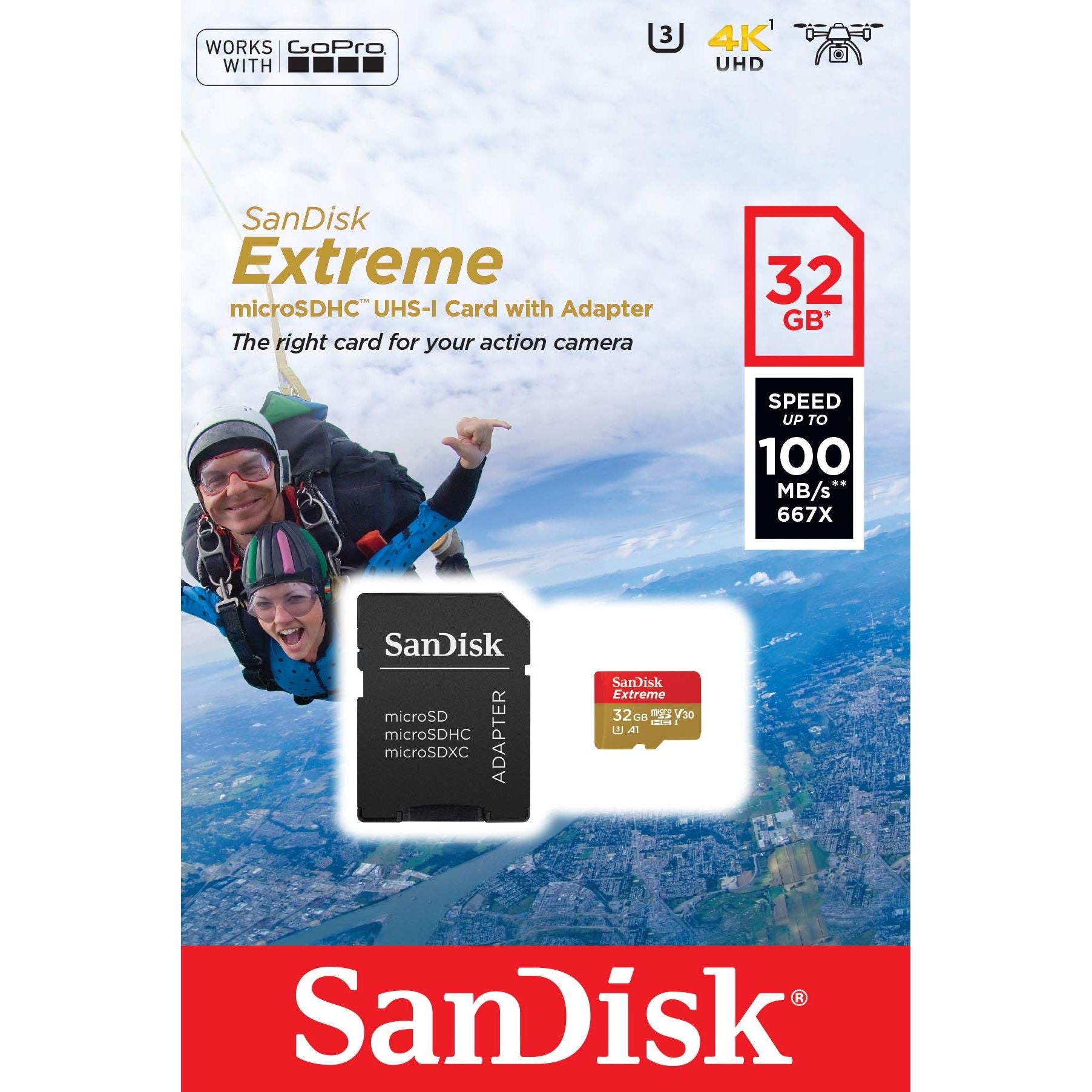 SanDisk Extreme 32 GB microSDhC Memory Card for Action Cameras and Drones with A1 App Performance up to 100 MB/s, Class 10, U3, V30 - NLMAX