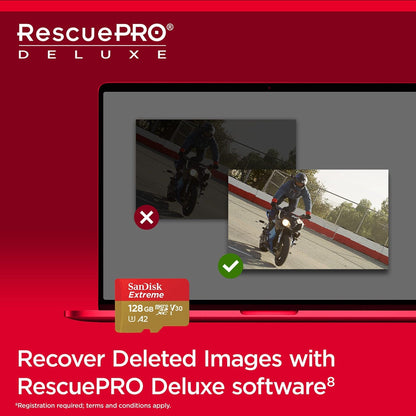 SanDisk Extreme MicroSDXC UHS-I Geheugenkaart 128 GB Met SD Adapter (1 Jaar RescuePRO Deluxe, Leessnelheden Tot 190 MB/s, A2, C10, V30, U3, 30 Jaar Garantie) Rood/Goud - NLMAX